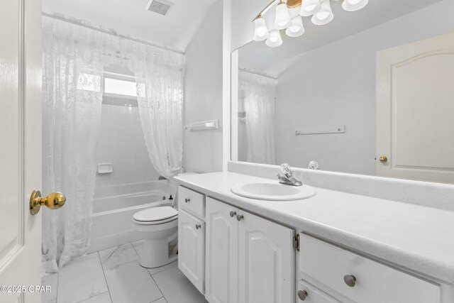 full bathroom with vanity, shower / bath combination with curtain, and toilet