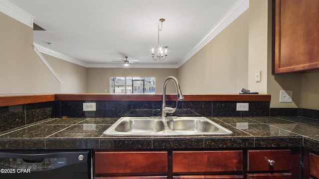 kitchen with sink, ceiling fan with notable chandelier, ornamental molding, and black dishwasher