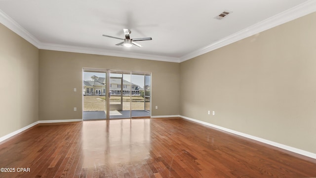 unfurnished room featuring wood-type flooring, crown molding, and ceiling fan