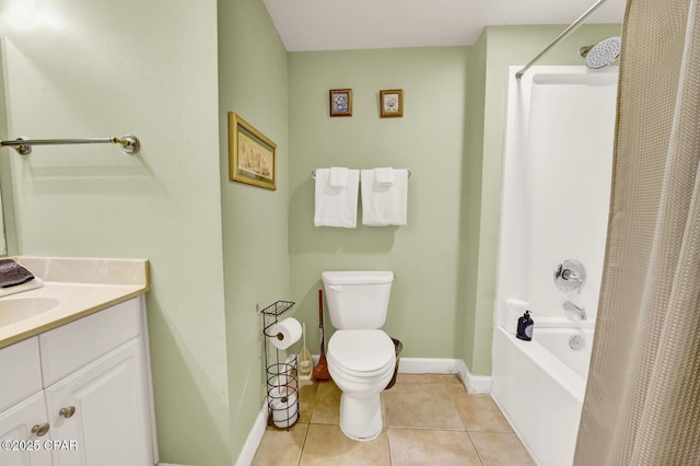 bathroom with baseboards, toilet, tile patterned floors, vanity, and shower / bath combination with curtain