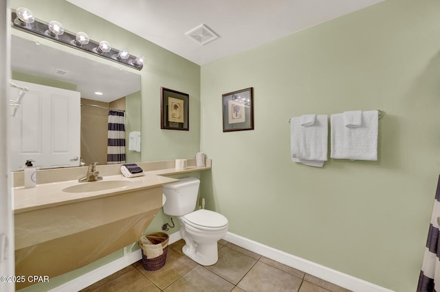 full bath featuring visible vents, baseboards, toilet, vanity, and tile patterned flooring