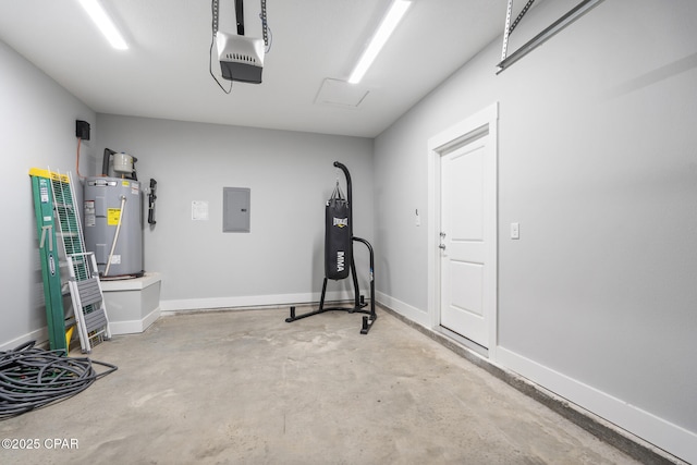 garage with water heater, baseboards, a garage door opener, and electric panel