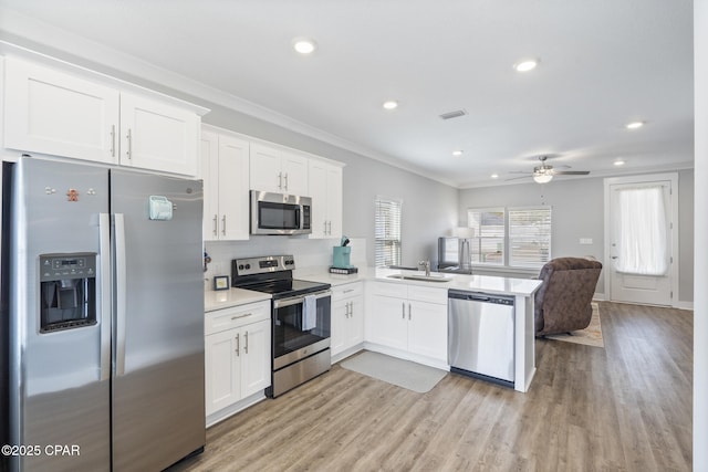 kitchen with ornamental molding, a sink, stainless steel appliances, a peninsula, and light countertops