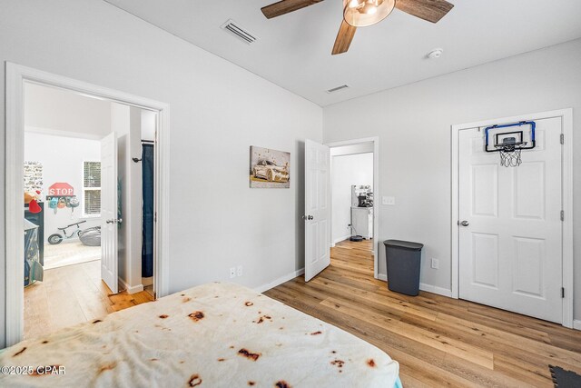 bedroom featuring ceiling fan and light hardwood / wood-style flooring