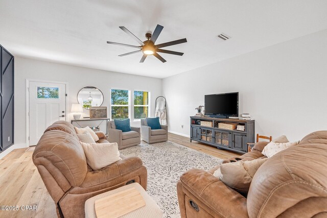 living room with ceiling fan and light hardwood / wood-style floors