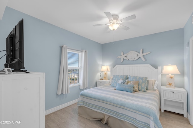 bedroom featuring ceiling fan and light wood-type flooring