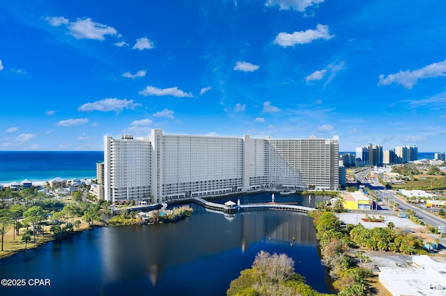 birds eye view of property featuring a water view