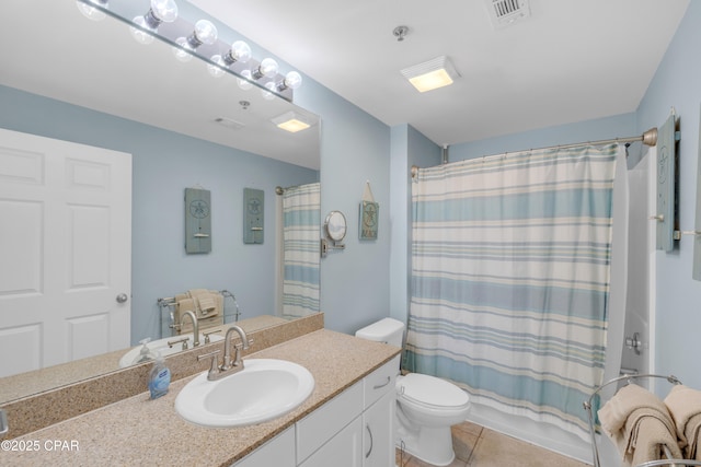 full bathroom with vanity, shower / bathtub combination with curtain, tile patterned floors, and toilet