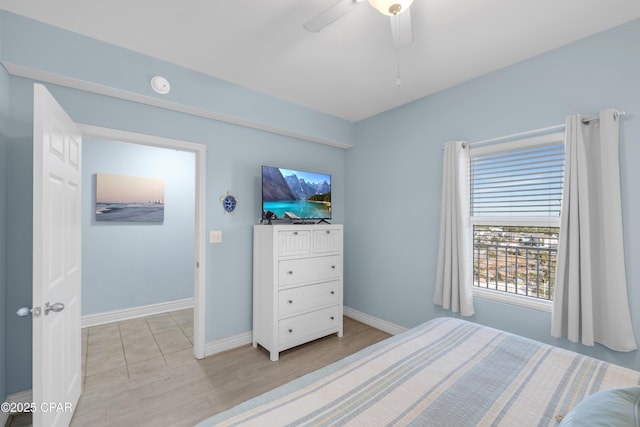 bedroom featuring ceiling fan and light hardwood / wood-style flooring