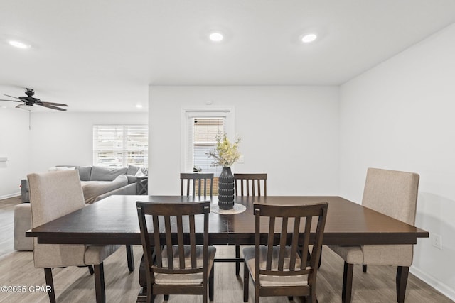 dining room featuring ceiling fan and light hardwood / wood-style floors