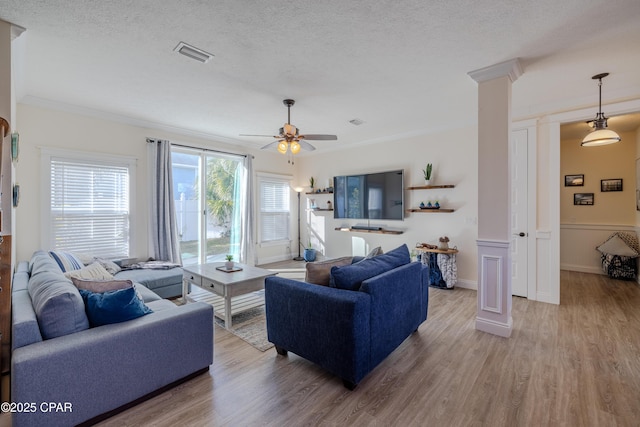 living room featuring wood-type flooring, ornamental molding, and a textured ceiling