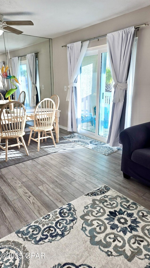 living area featuring ceiling fan and wood finished floors