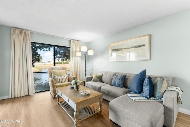living room with light hardwood / wood-style flooring and a textured ceiling