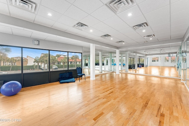 workout area featuring hardwood / wood-style floors and a paneled ceiling