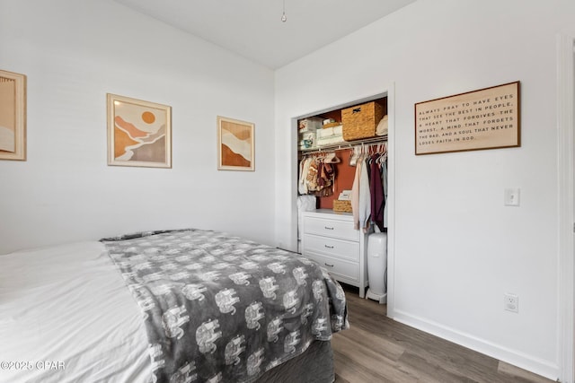 bedroom featuring wood-type flooring and a closet