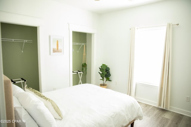 bedroom with wood-type flooring and two closets