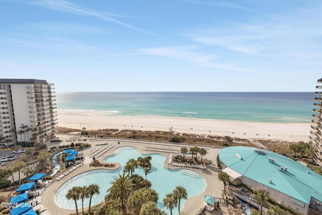 view of water feature with a beach view