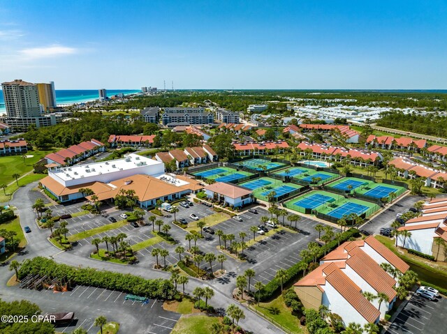 bird's eye view with a water view