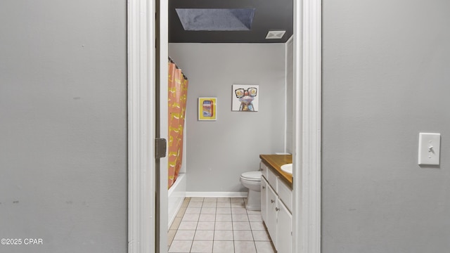 full bath featuring toilet, tile patterned flooring, baseboards, and vanity