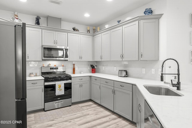 kitchen featuring tasteful backsplash, light countertops, gray cabinets, appliances with stainless steel finishes, and a sink