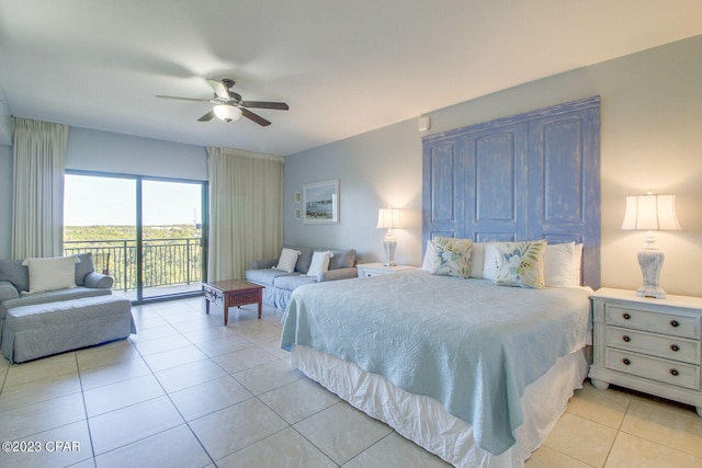 bedroom featuring light tile patterned flooring, access to outside, and ceiling fan