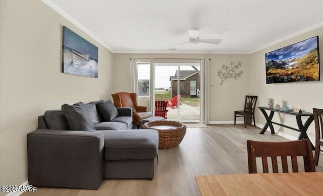 living room featuring baseboards, light wood-style floors, ornamental molding, and a textured ceiling