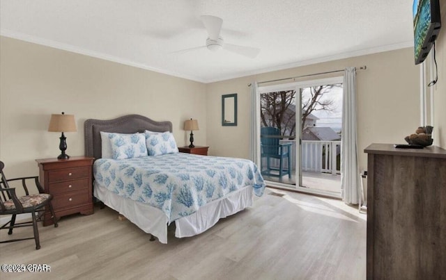 bedroom with ceiling fan, light wood-style flooring, access to exterior, and ornamental molding