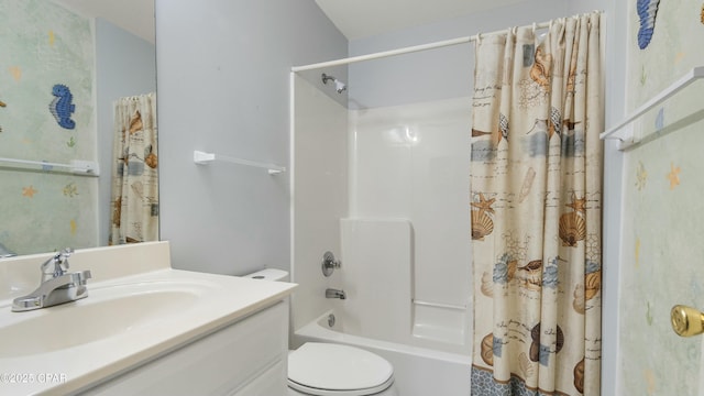 full bathroom with toilet, vanity, and shower / bathtub combination with curtain