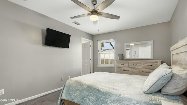 bedroom featuring ceiling fan and dark carpet