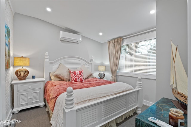 bedroom featuring dark colored carpet and a wall unit AC