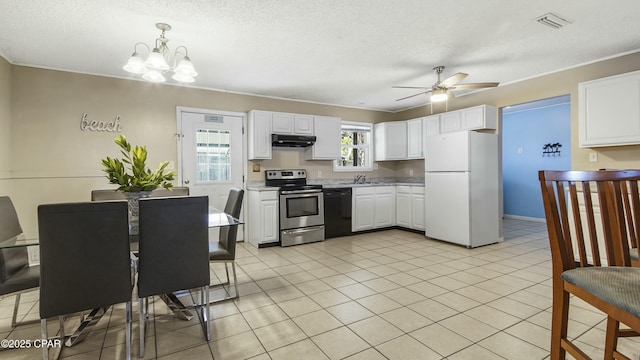 kitchen featuring dishwasher, stainless steel range with electric stovetop, white cabinetry, decorative light fixtures, and white fridge