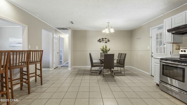 interior space featuring light tile patterned flooring, white cabinetry, stainless steel range with electric cooktop, a notable chandelier, and a textured ceiling