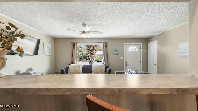 interior space with ceiling fan, crown molding, and a textured ceiling