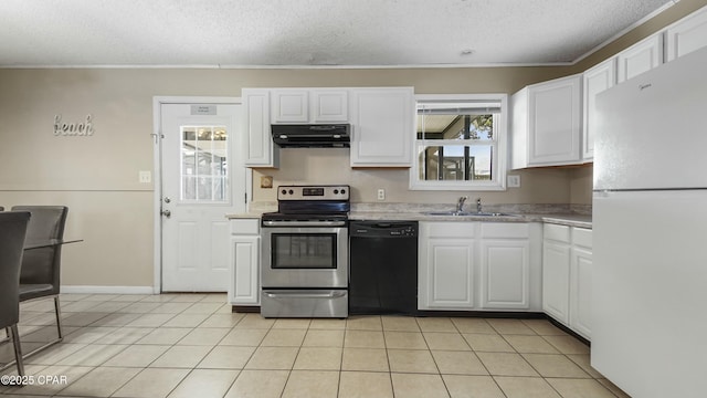 kitchen with sink, white cabinetry, electric range, black dishwasher, and white fridge