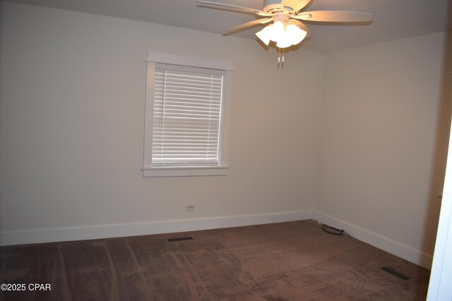 unfurnished room featuring visible vents, baseboards, a ceiling fan, and carpet floors
