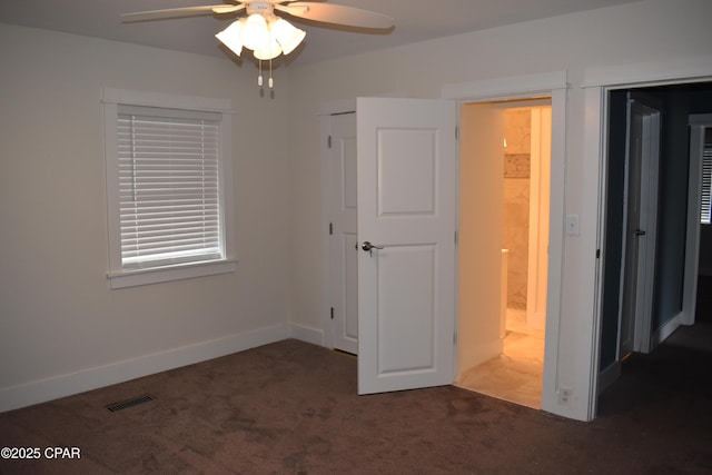 unfurnished bedroom featuring visible vents, baseboards, a ceiling fan, and carpet