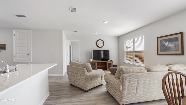 living room featuring sink and hardwood / wood-style floors