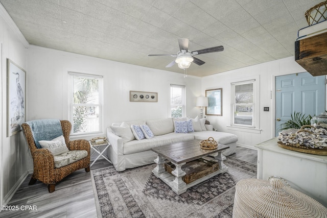 living room with wood-type flooring and ceiling fan