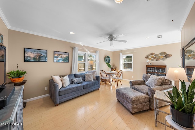 21823 Marlin Ave, Panama City Beach, FL 32413 - living area with ornamental molding, a ceiling fan, baseboards, light wood-style flooring, and recessed lighting