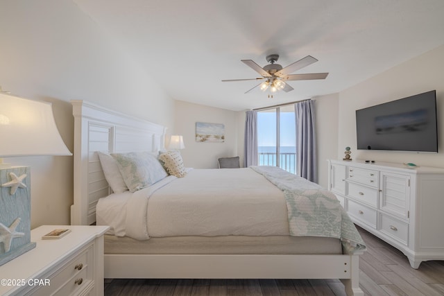 bedroom featuring ceiling fan and light hardwood / wood-style flooring