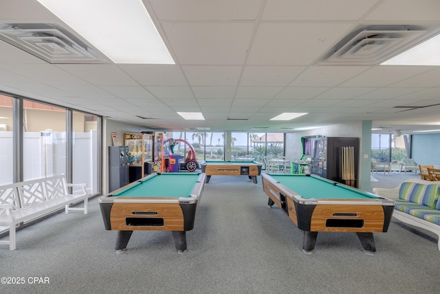 rec room featuring light carpet, a drop ceiling, and pool table