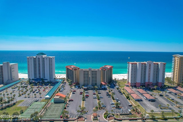 drone / aerial view with a water view and a view of the beach