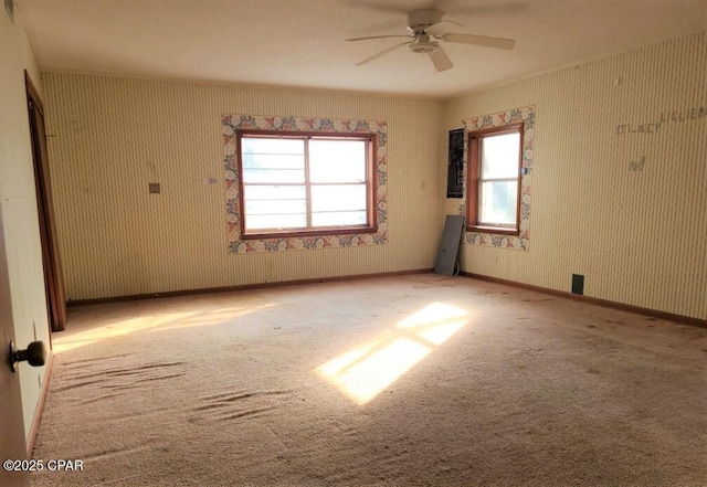 spare room featuring light colored carpet and ceiling fan