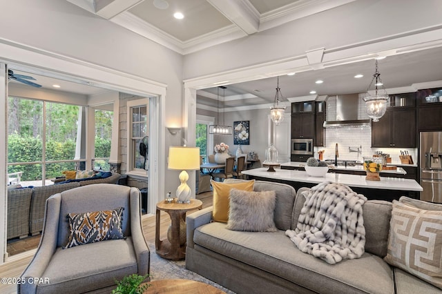 22207 Fox Glenn Trce, Panama City Beach, FL 32413 - living room with crown molding, plenty of natural light, beam ceiling, light wood-type flooring, and recessed lighting