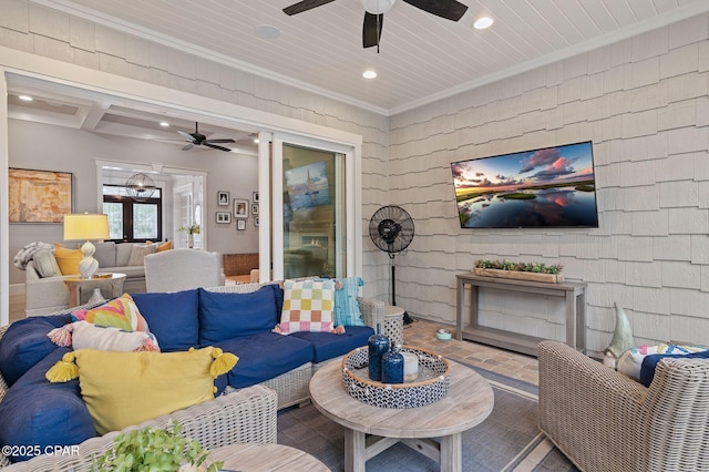 22207 Fox Glenn Trce, Panama City Beach, FL 32413 - living room with crown molding, a ceiling fan, and recessed lighting