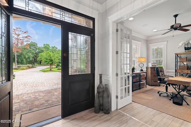 22207 Fox Glenn Trce, Panama City Beach, FL 32413 - entryway featuring french doors, a ceiling fan, ornamental molding, and recessed lighting