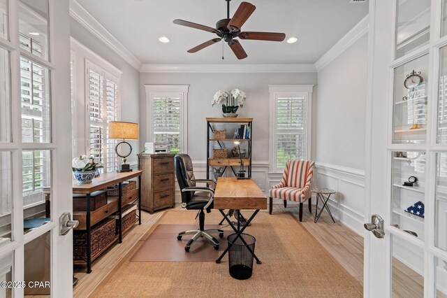 22207 Fox Glenn Trce, Panama City Beach, FL 32413 - office with wood finished floors, a ceiling fan, a wainscoted wall, crown molding, and recessed lighting