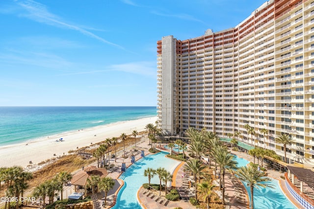 view of water feature with a beach view