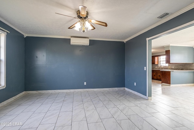 empty room featuring crown molding, an AC wall unit, sink, and ceiling fan