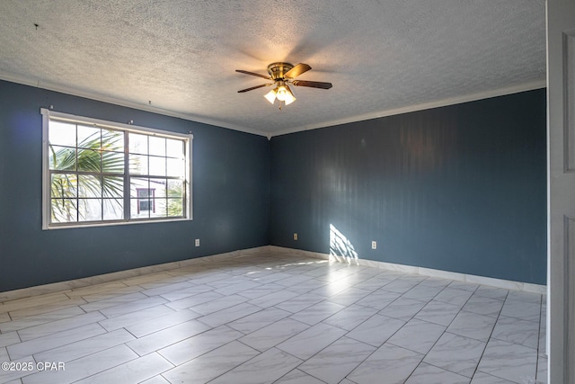 spare room featuring crown molding, a textured ceiling, and ceiling fan